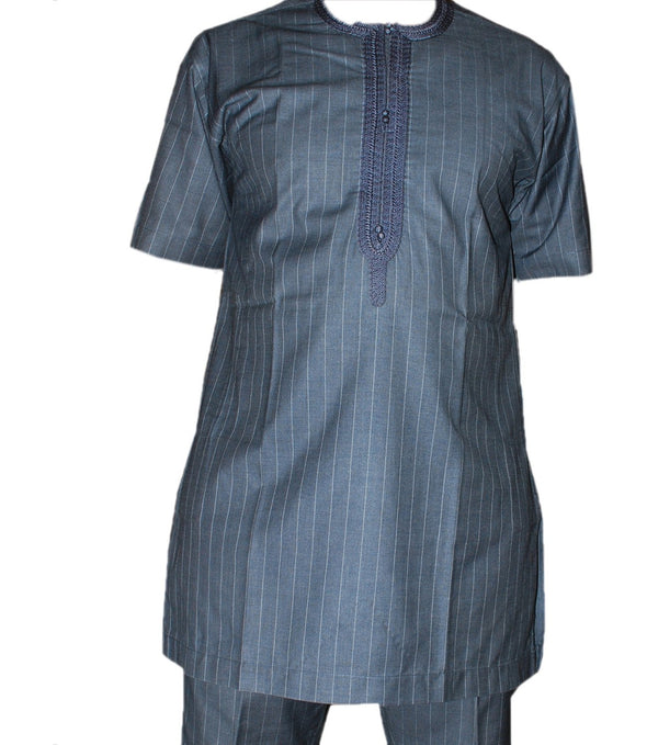 Grey Pinstripes Shortsleeves with Hand Embroidery