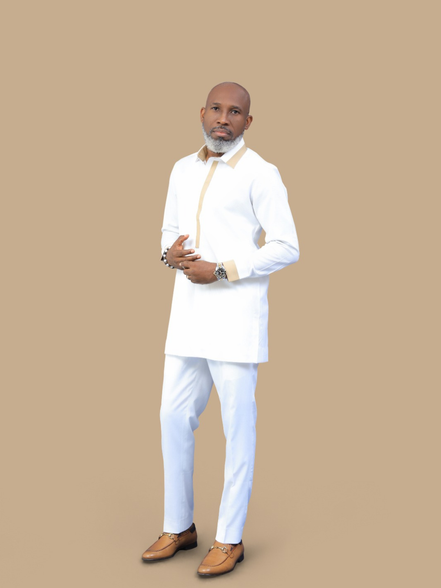 Men's Luxury White African Gold Trim Kaftan Set