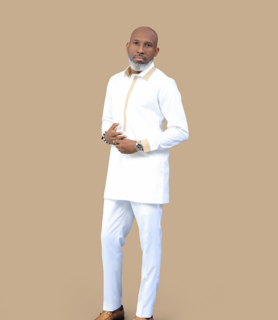 Men's Luxury White African Gold Trim Kaftan Set
