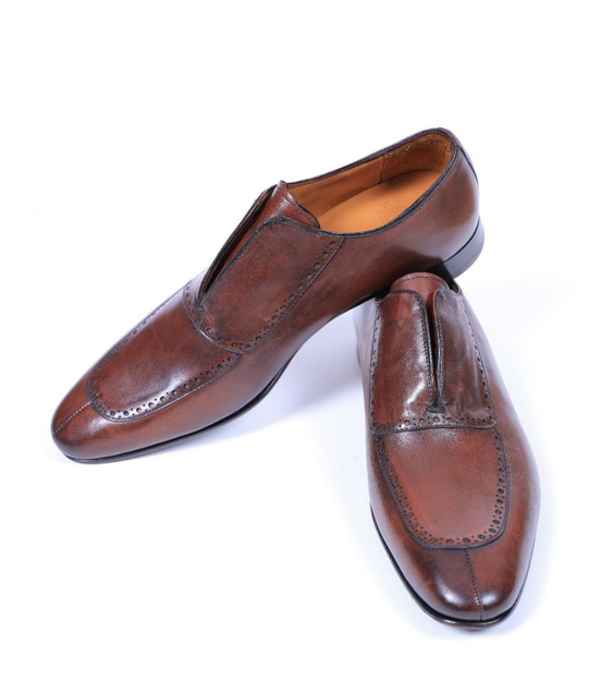 Primani Pointed Toe Brown Leather Slip-On Loafers