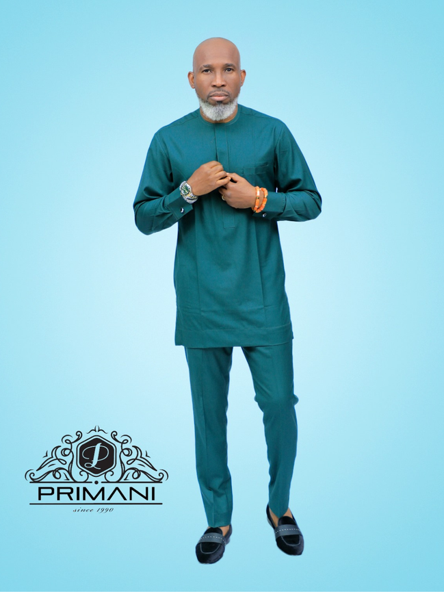 PRIMANI Men’s Teal Green African Two-Piece Kaftan Set