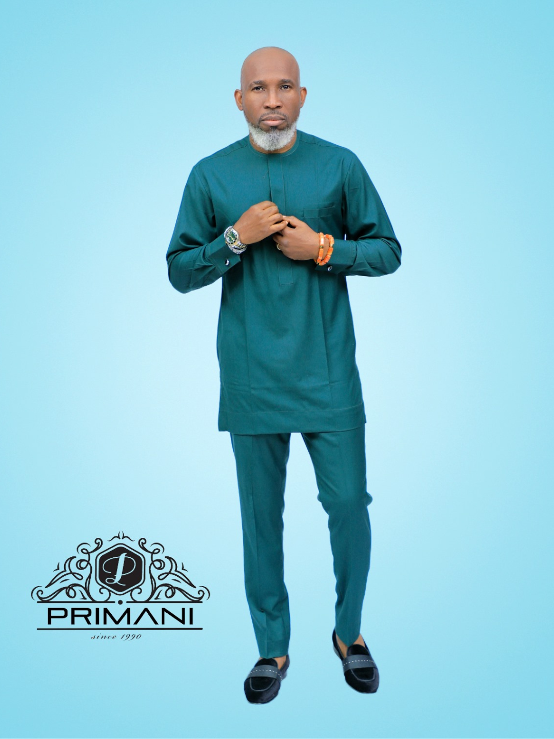 PRIMANI Men’s Teal Green African Two-Piece Kaftan Set