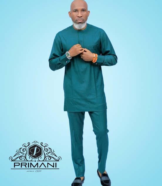 PRIMANI Men’s Teal Green African Two-Piece Kaftan Set