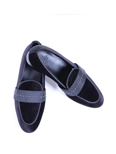 Primani Handmade Black Velvet Men Spiked Loafers