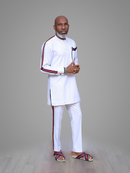 Men's White Kaftan Set with Stripe Detail