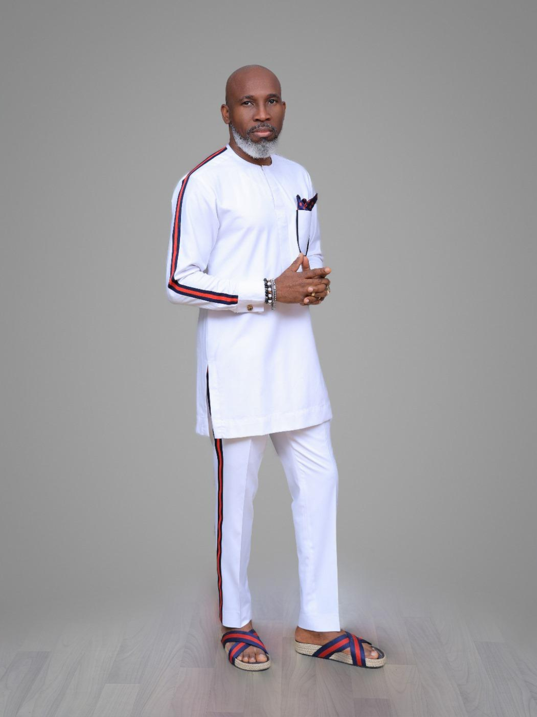 Men's White Kaftan Set with Stripe Detail