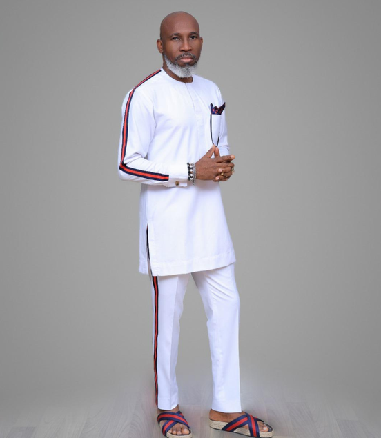 Men's White Kaftan Set with Stripe Detail