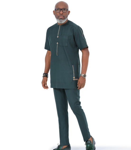 African Men's Dark Green Short Sleeve Kaftan Set