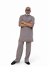 Men's Short Sleeve Taupe Grey Kaftan with Embroidered Trim