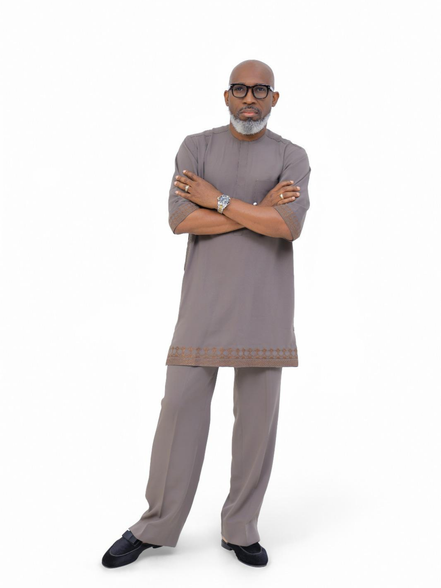 Men's Short Sleeve Taupe Grey Kaftan with Embroidered Trim