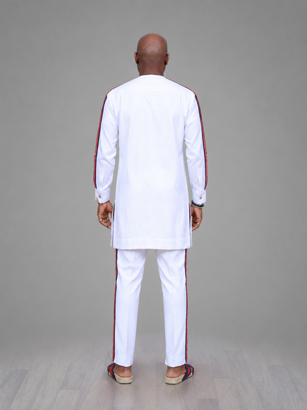Men's White Kaftan Set with Stripe Detail