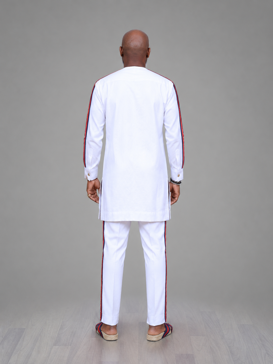 Men's White Kaftan Set with Stripe Detail