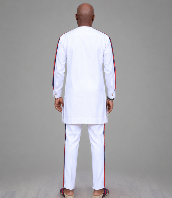 Men's White Kaftan Set with Stripe Detail