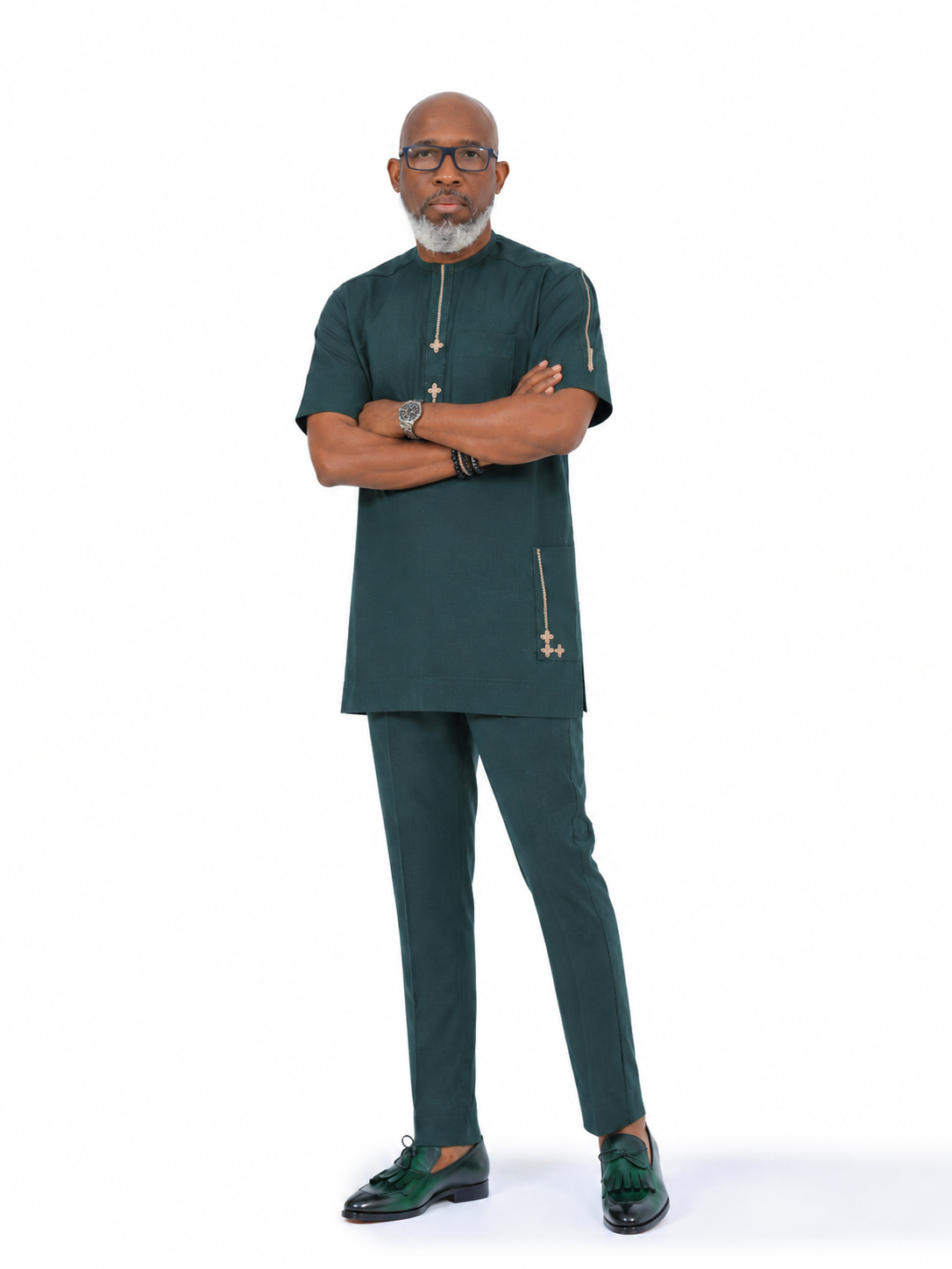 African Men's Dark Green Short Sleeve Kaftan Set