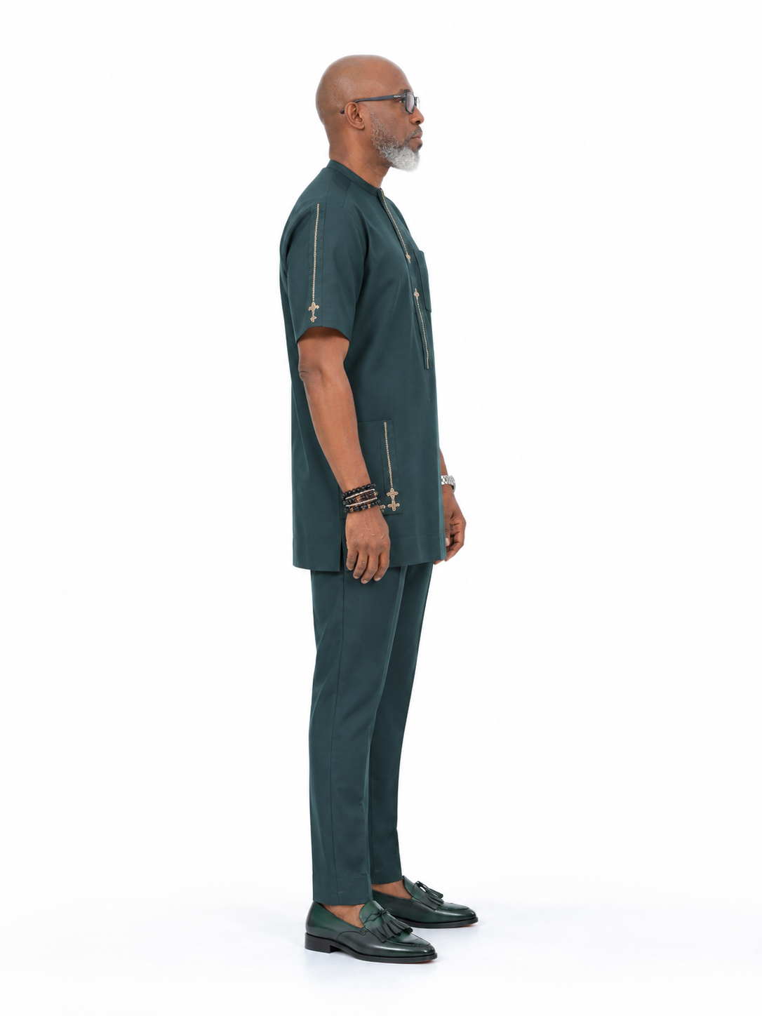 African Men's Dark Green Short Sleeve Kaftan Set