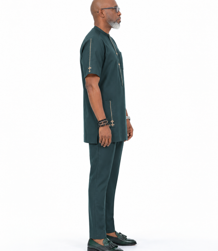 African Men's Dark Green Short Sleeve Kaftan Set