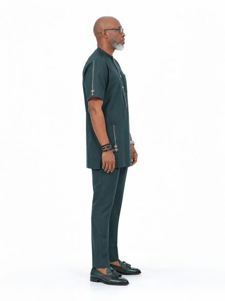 African Men's Dark Green Short Sleeve Kaftan Set