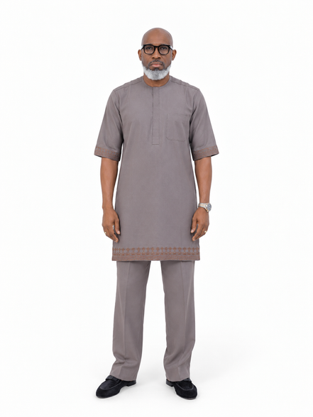 Men's Short Sleeve Taupe Grey Kaftan with Embroidered Trim