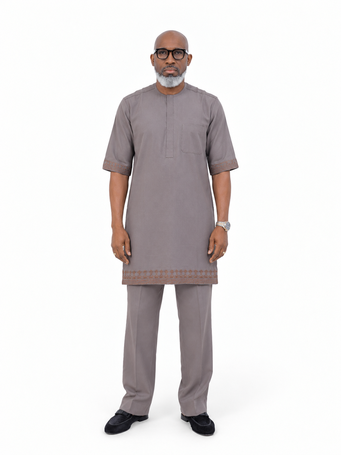 Men's Short Sleeve Taupe Grey Kaftan with Embroidered Trim