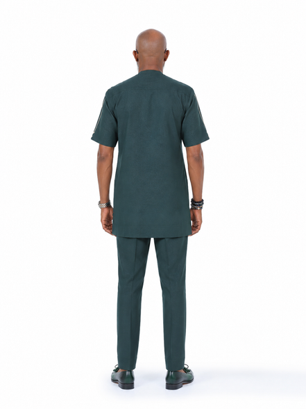 African Men's Dark Green Short Sleeve Kaftan Set