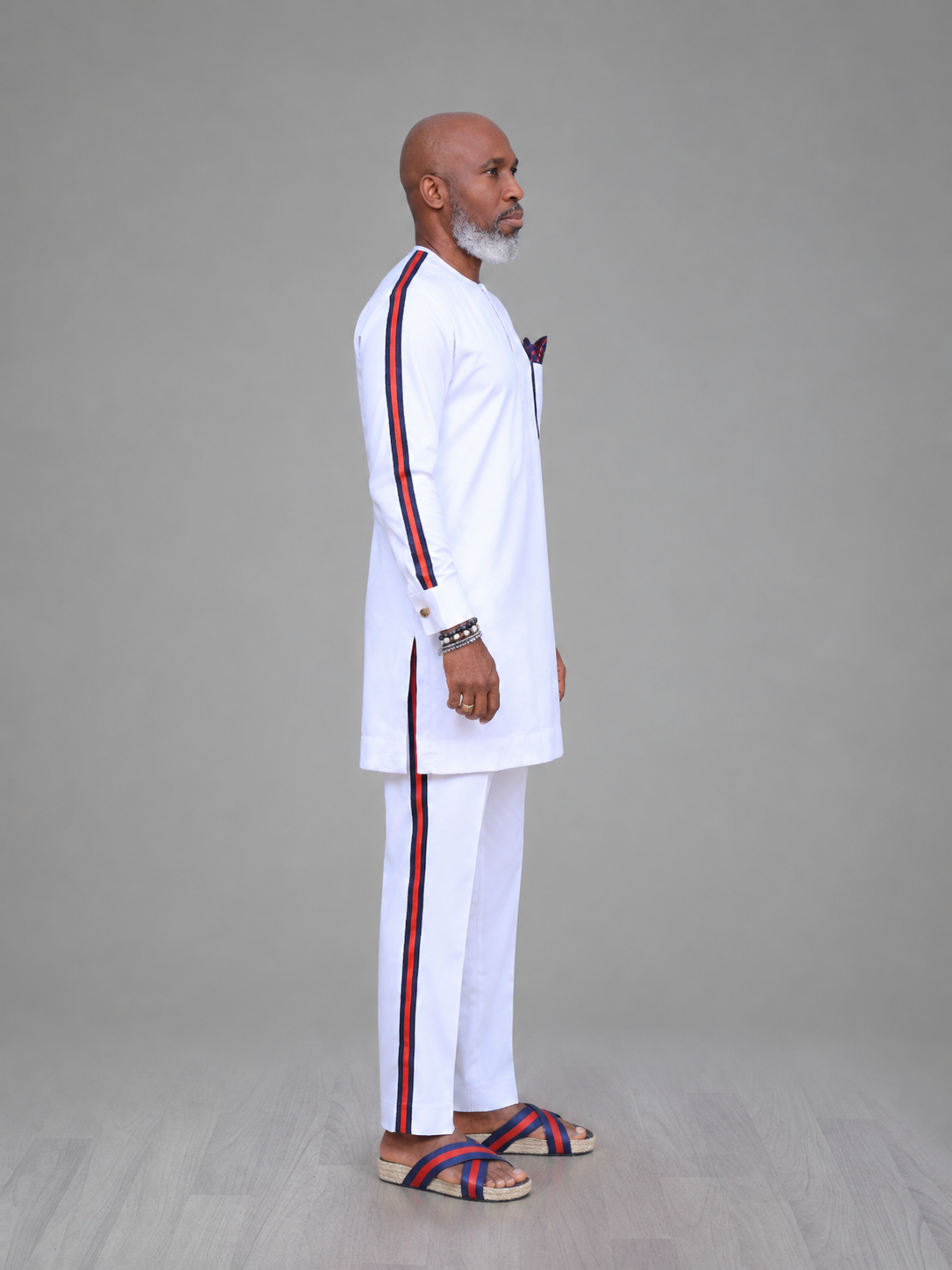 Men's White Kaftan Set with Stripe Detail
