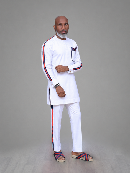 Men's White Kaftan Set with Stripe Detail