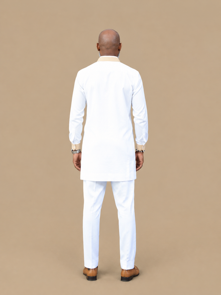 Men's Luxury White African Gold Trim Kaftan Set