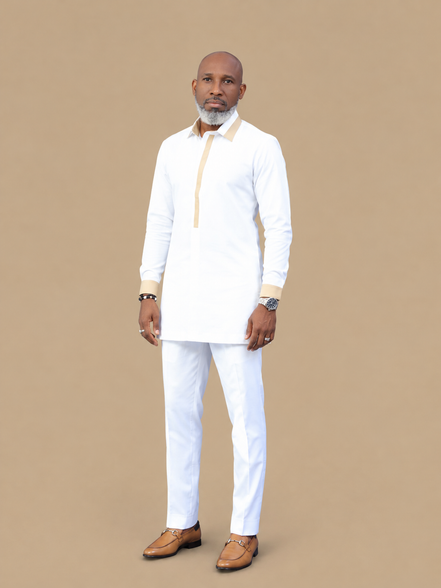 Men's Luxury White African Gold Trim Kaftan Set