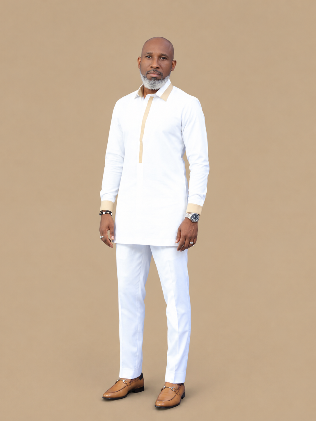 Men's Luxury White African Gold Trim Kaftan Set