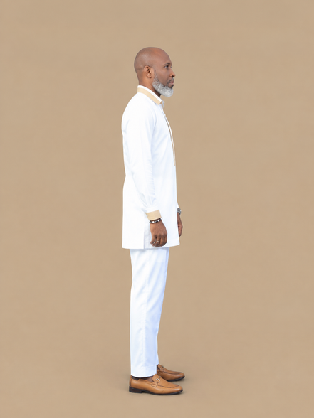 Men's Luxury White African Gold Trim Kaftan Set