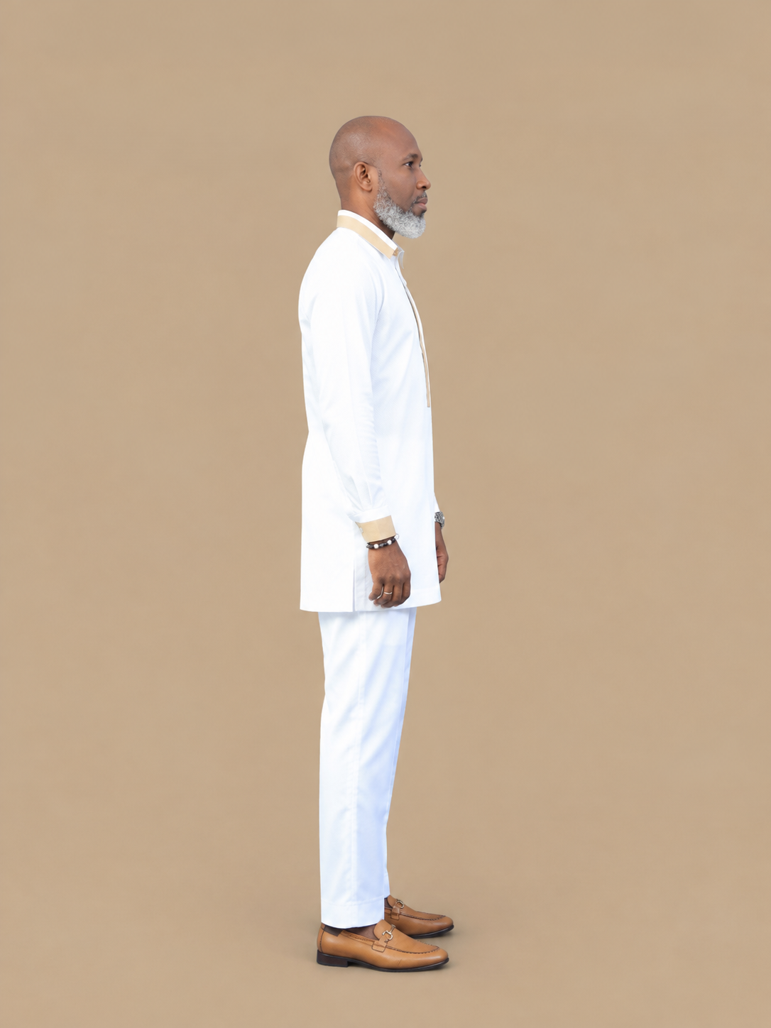 Men's Luxury White African Gold Trim Kaftan Set