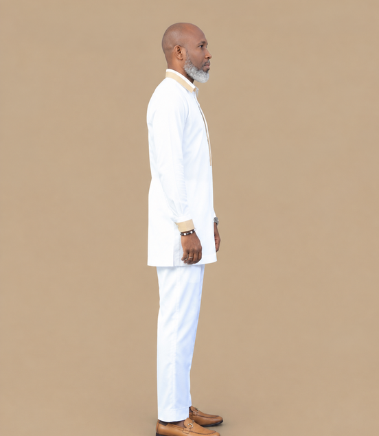 Men's Luxury White African Gold Trim Kaftan Set
