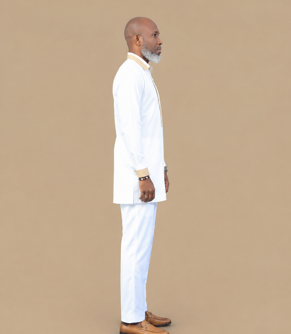 Men's Luxury White African Gold Trim Kaftan Set
