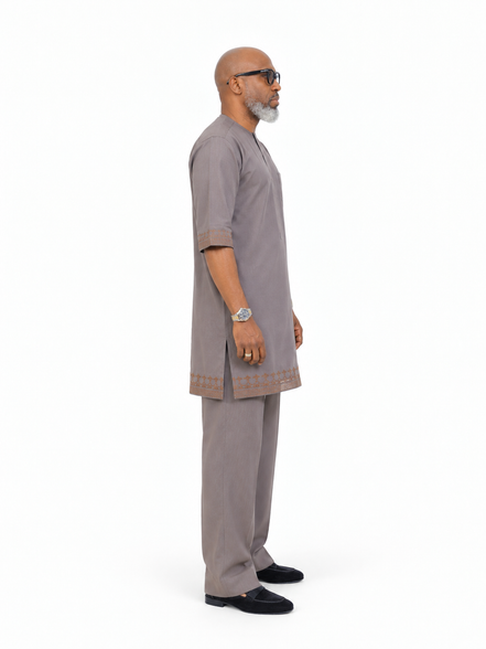 Men's Short Sleeve Taupe Grey Kaftan with Embroidered Trim