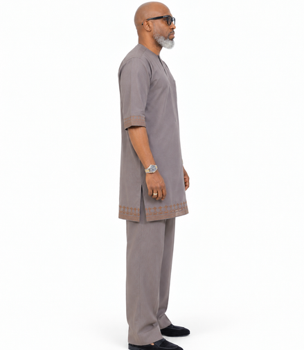 Men's Short Sleeve Taupe Grey Kaftan with Embroidered Trim
