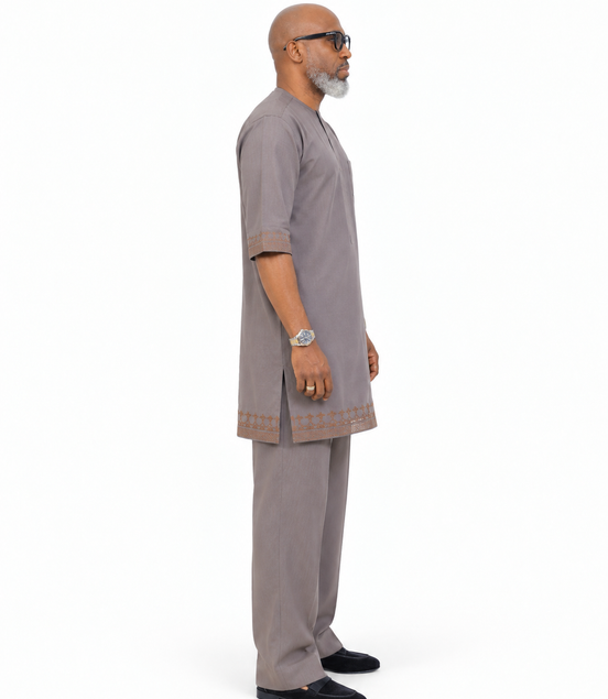 Men's Short Sleeve Taupe Grey Kaftan with Embroidered Trim