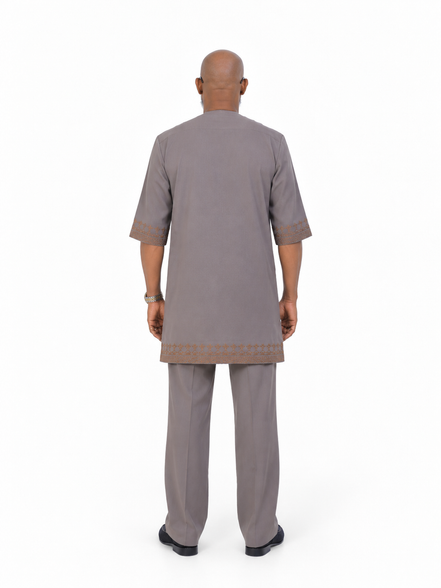 Men's Short Sleeve Taupe Grey Kaftan with Embroidered Trim