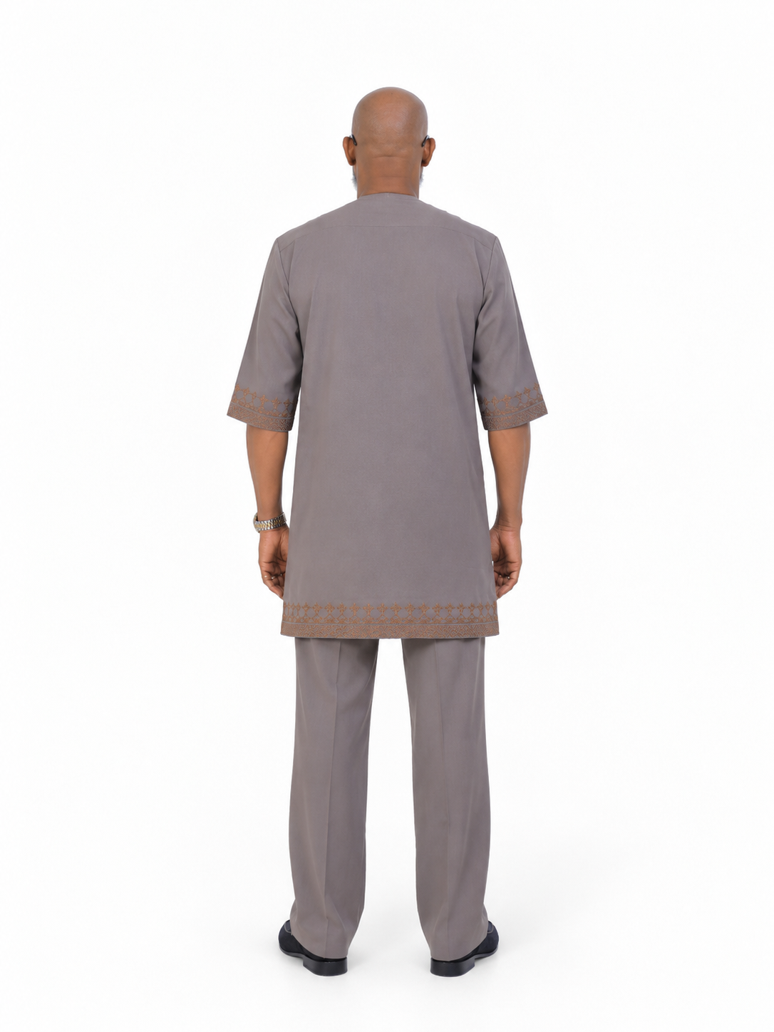 Men's Short Sleeve Taupe Grey Kaftan with Embroidered Trim