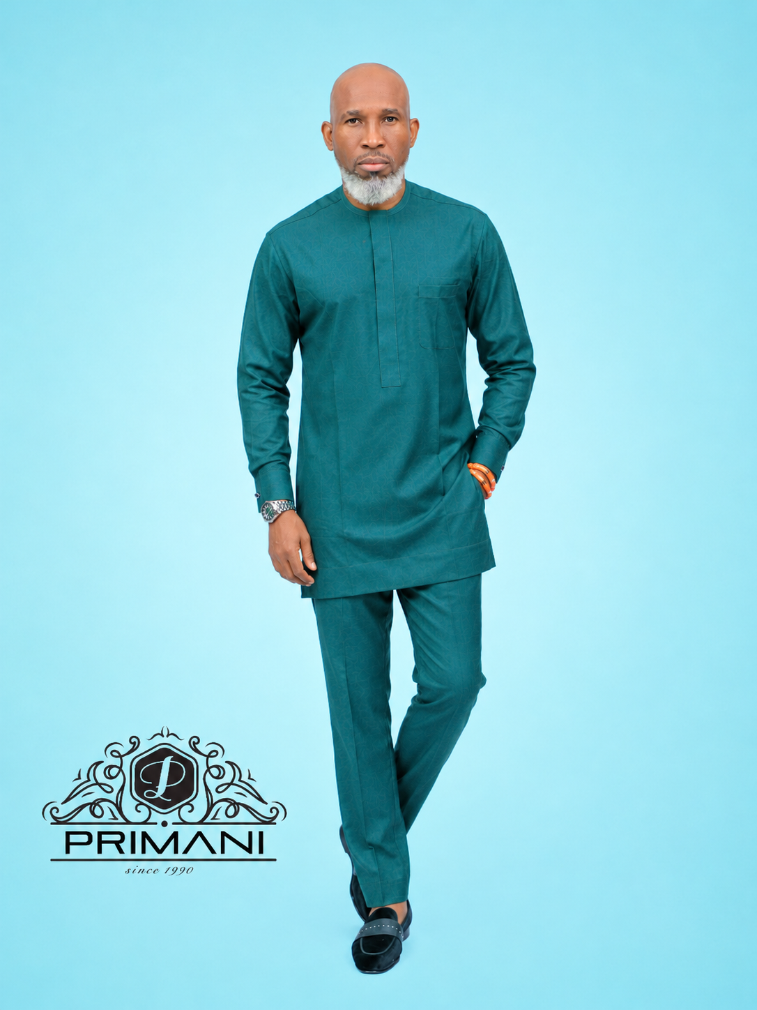 PRIMANI Men’s Teal Green African Two-Piece Kaftan Set