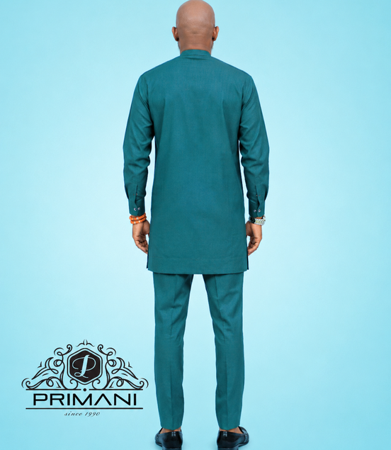 PRIMANI Men’s Teal Green African Two-Piece Kaftan Set