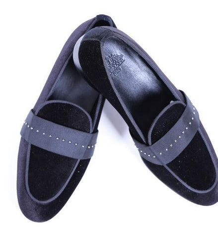 Primani Handmade Black Velvet Men Spiked Loafers